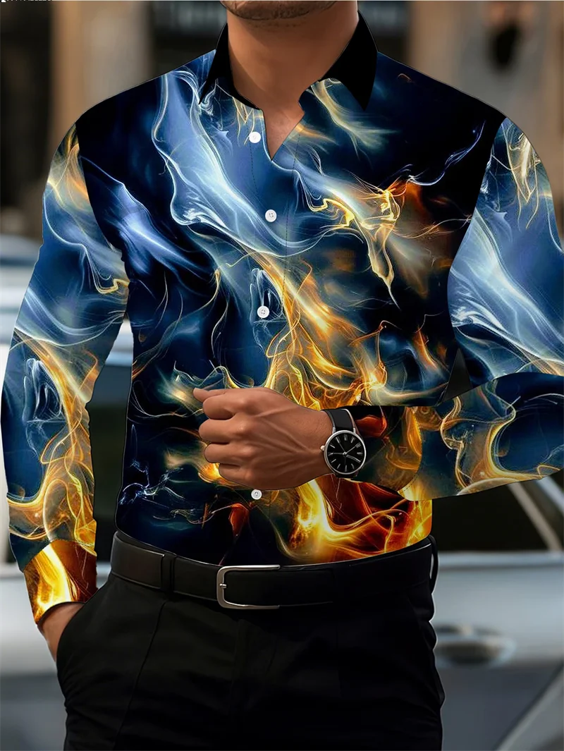 Camisa de manga larga para hombre con cuello y detalles de satén, estampado geométrico de alas de diamante en la parte inferior, color naranja.