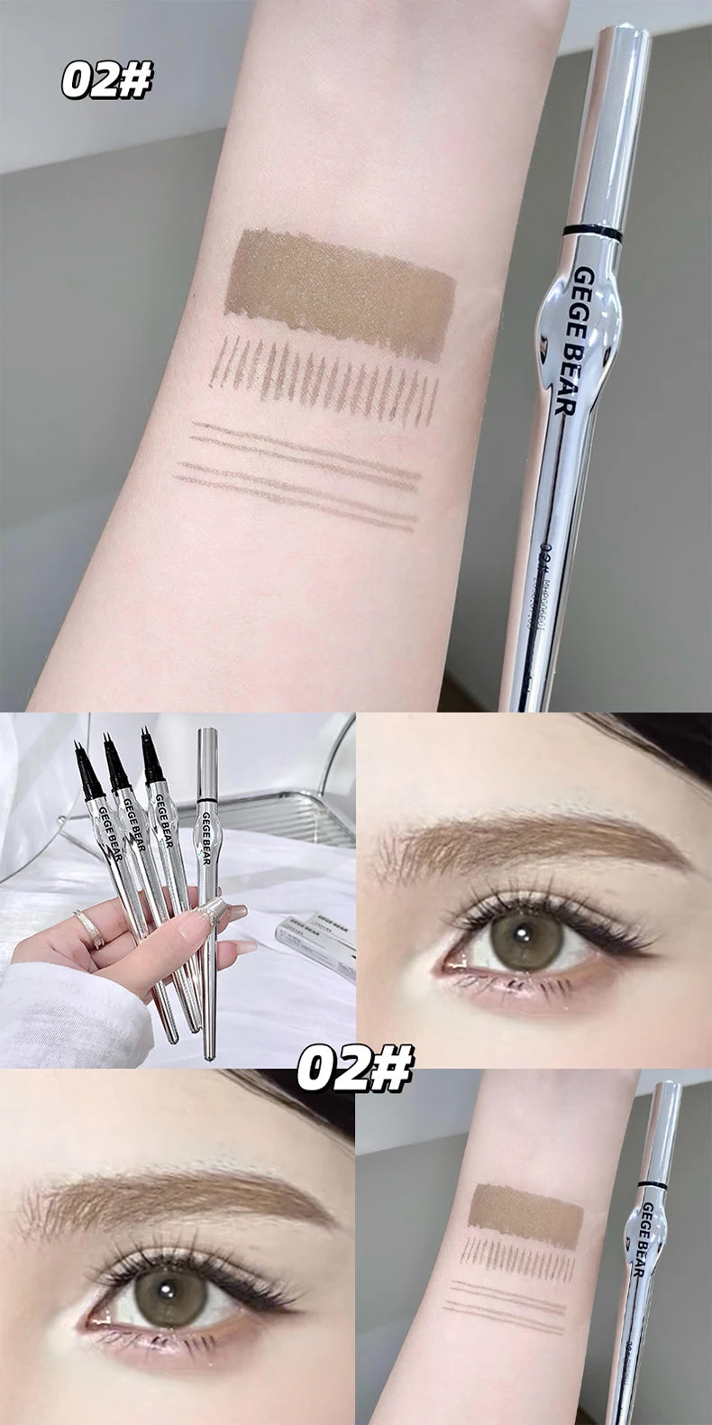 Lápiz de cejas de dos puntas para mujer Gege Bear. Trazos naturales de larga duración. Resistente al agua, al sudor y a las manchas. Maquillaje de ojos de larga duración.