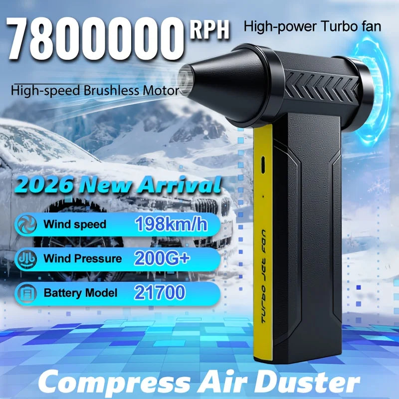 Soplador de aire de 7800000 RPH con motor sin escobillas, ventilador turbo eléctrico de alta velocidad, ventilador potente recargable por USB, soplador de polvo de 60 m/s.