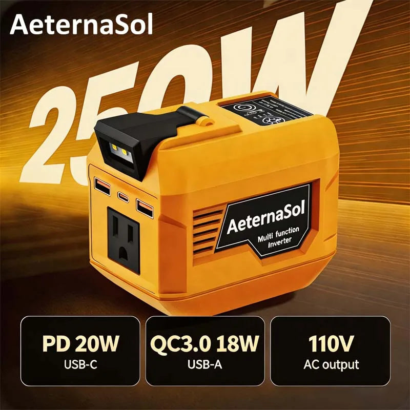 Inversor Portátil AeternaSol 250W para Batería DeWalt 20V MAX – 110V CA, USB QC3.0 y PD 20W