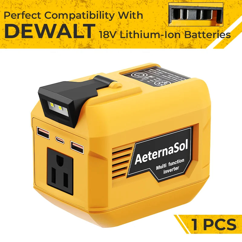 Inversor Portátil AeternaSol 250W para Batería DeWalt 20V MAX – 110V CA, USB QC3.0 y PD 20W