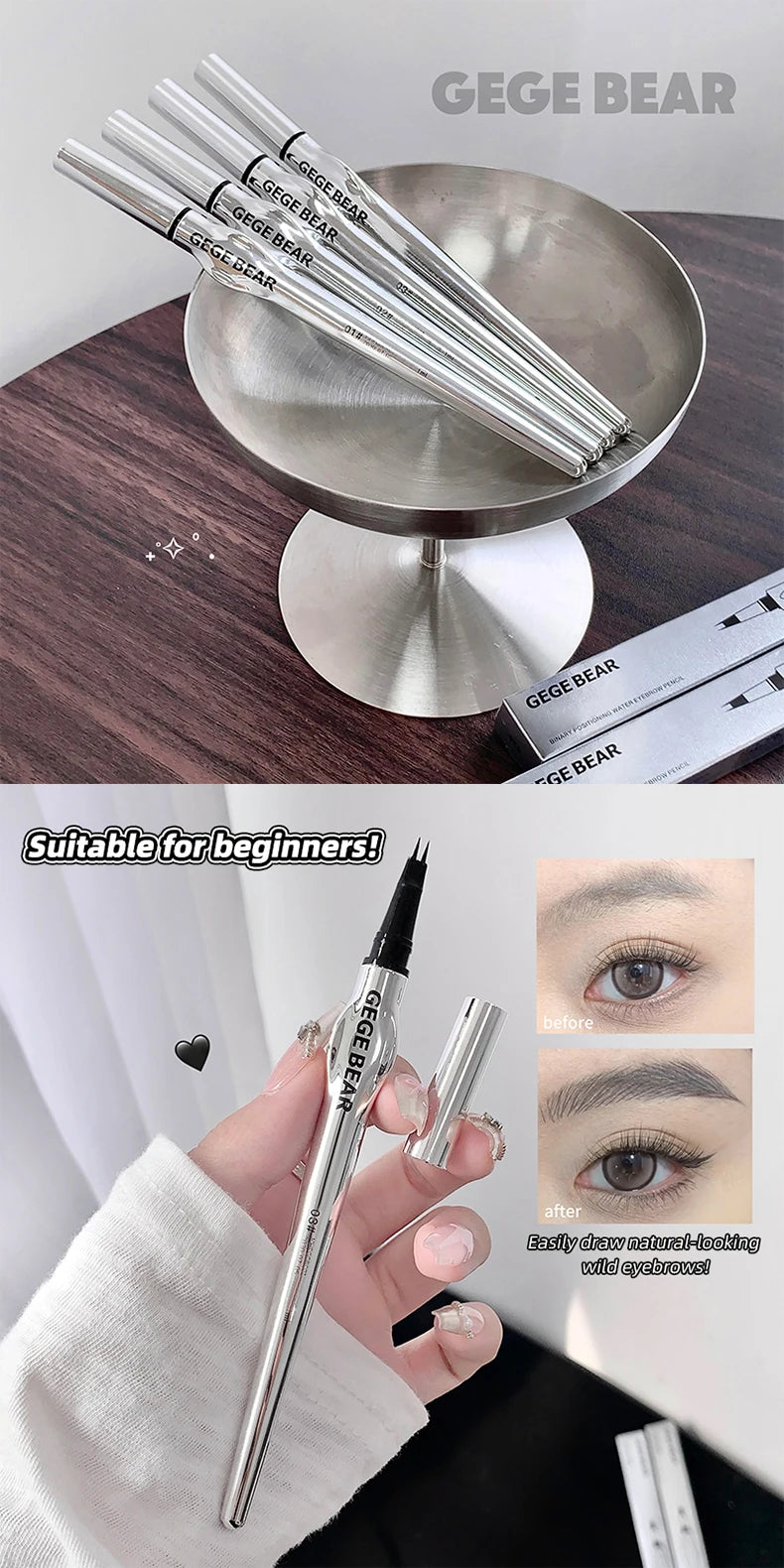 Lápiz de cejas de dos puntas para mujer Gege Bear. Trazos naturales de larga duración. Resistente al agua, al sudor y a las manchas. Maquillaje de ojos de larga duración.