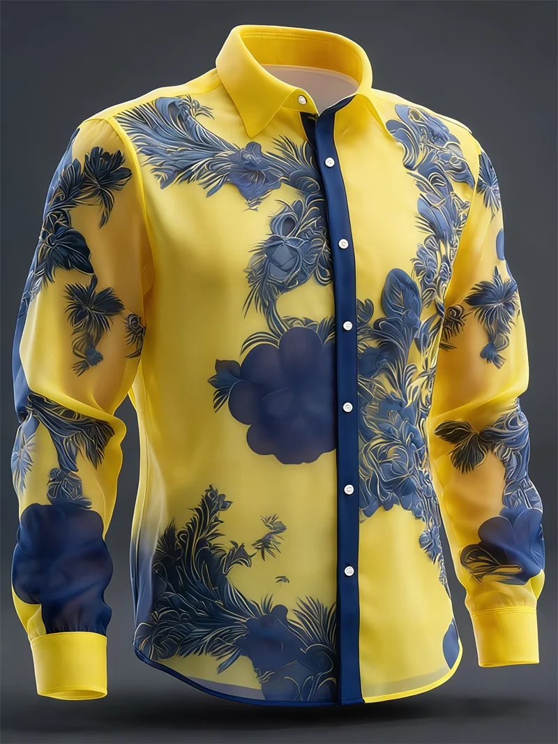 Camisa de manga larga para hombre con cuello y detalles de satén, estampado geométrico de alas de diamante en la parte inferior, color naranja.