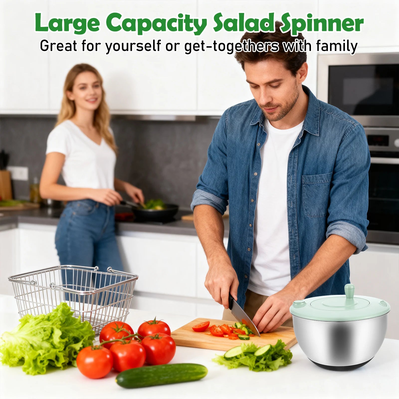 1 centrifugadora de ensalada de acero inoxidable/plástico, lavadora de lechuga grande con cuchilla, secadora de verduras multifuncional para cocina.