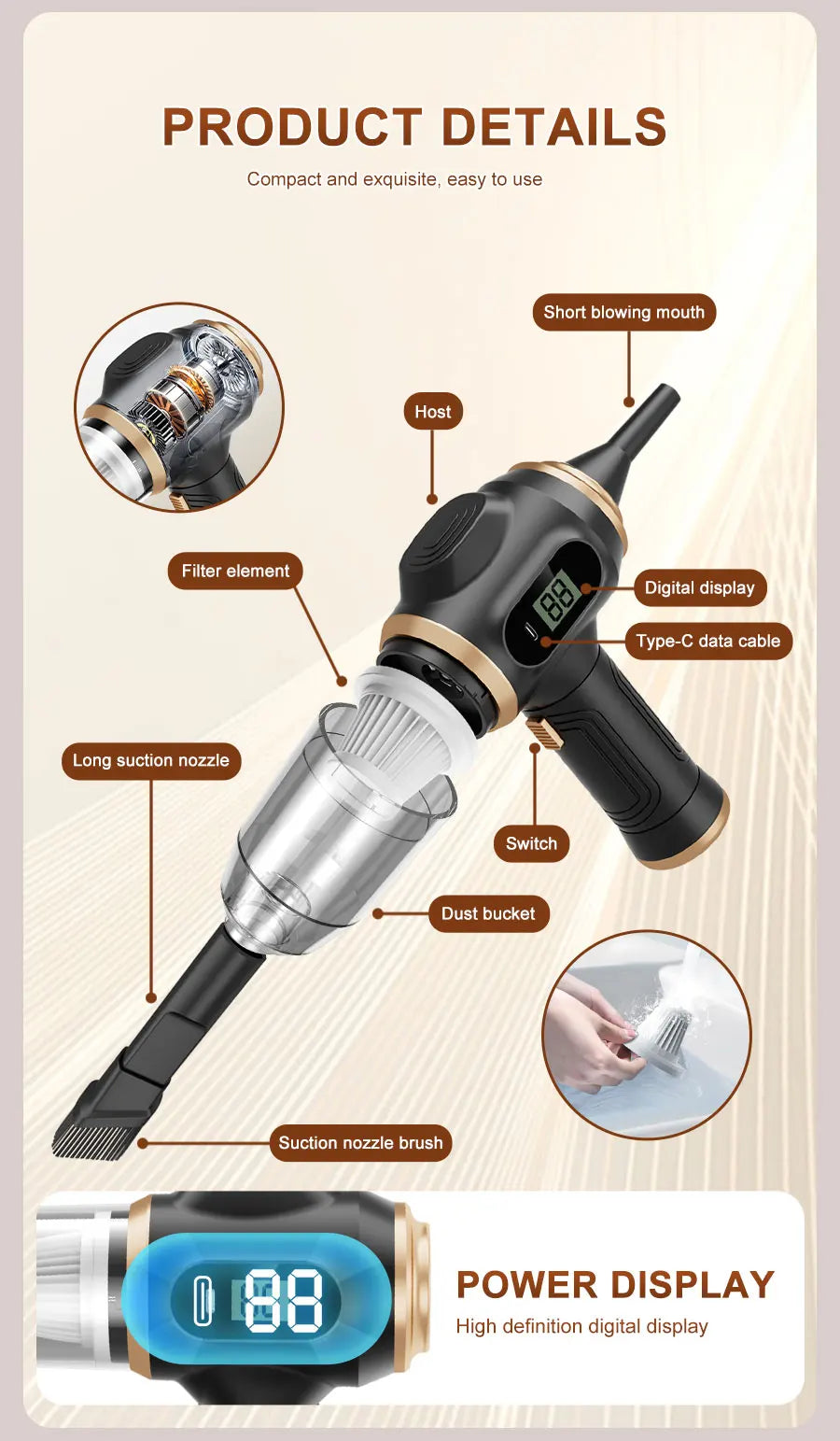 Aspiradora inalámbrica ABS para coche - Electrodoméstico - Sofá - Oficina - Alta potencia - Máquina de limpieza doméstica - Limpiador de alfombras