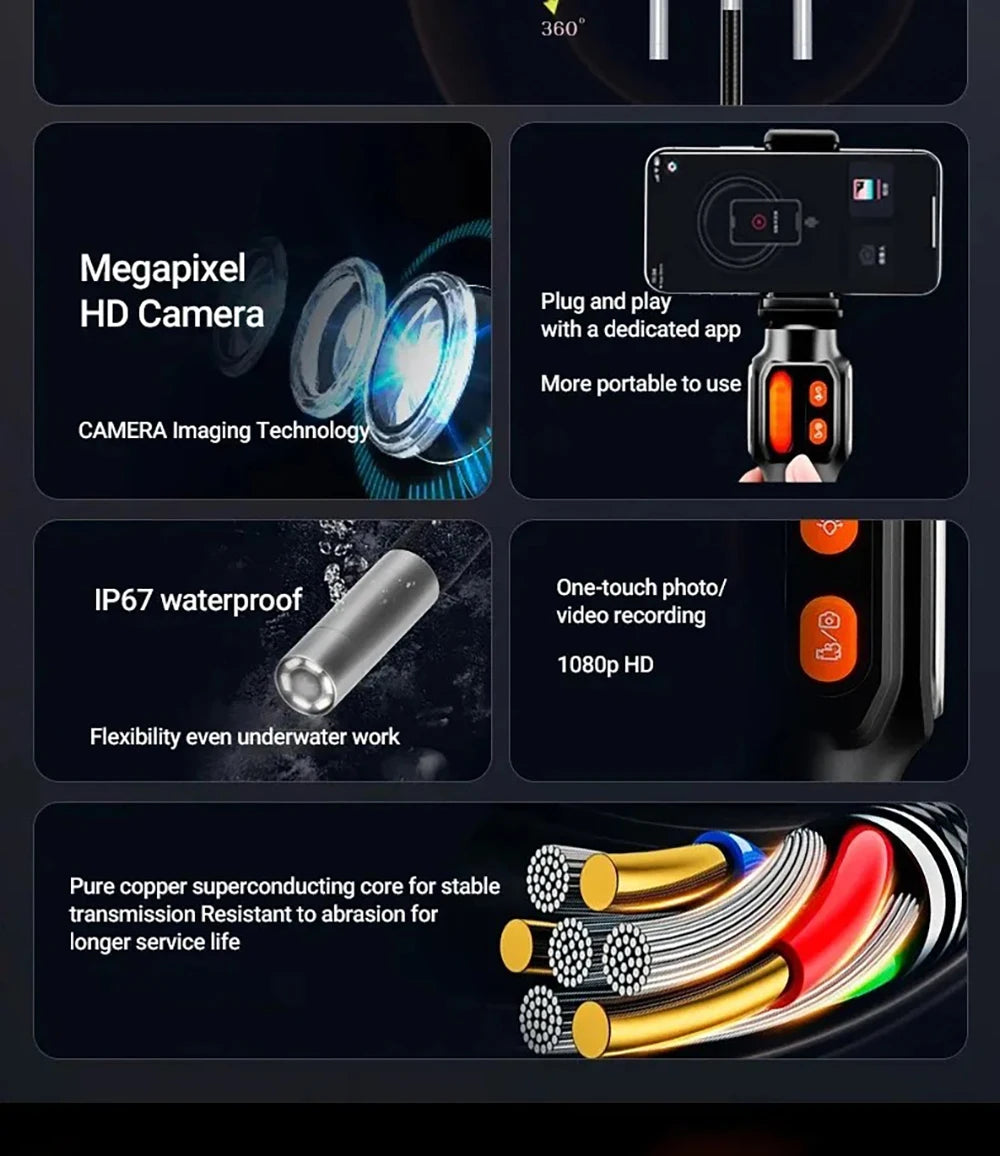 Cámara endoscópica con rotación de 360 grados, lente de 6 mm, HD, articulada, para inspección, IP67, para automóviles (iOS y Android).