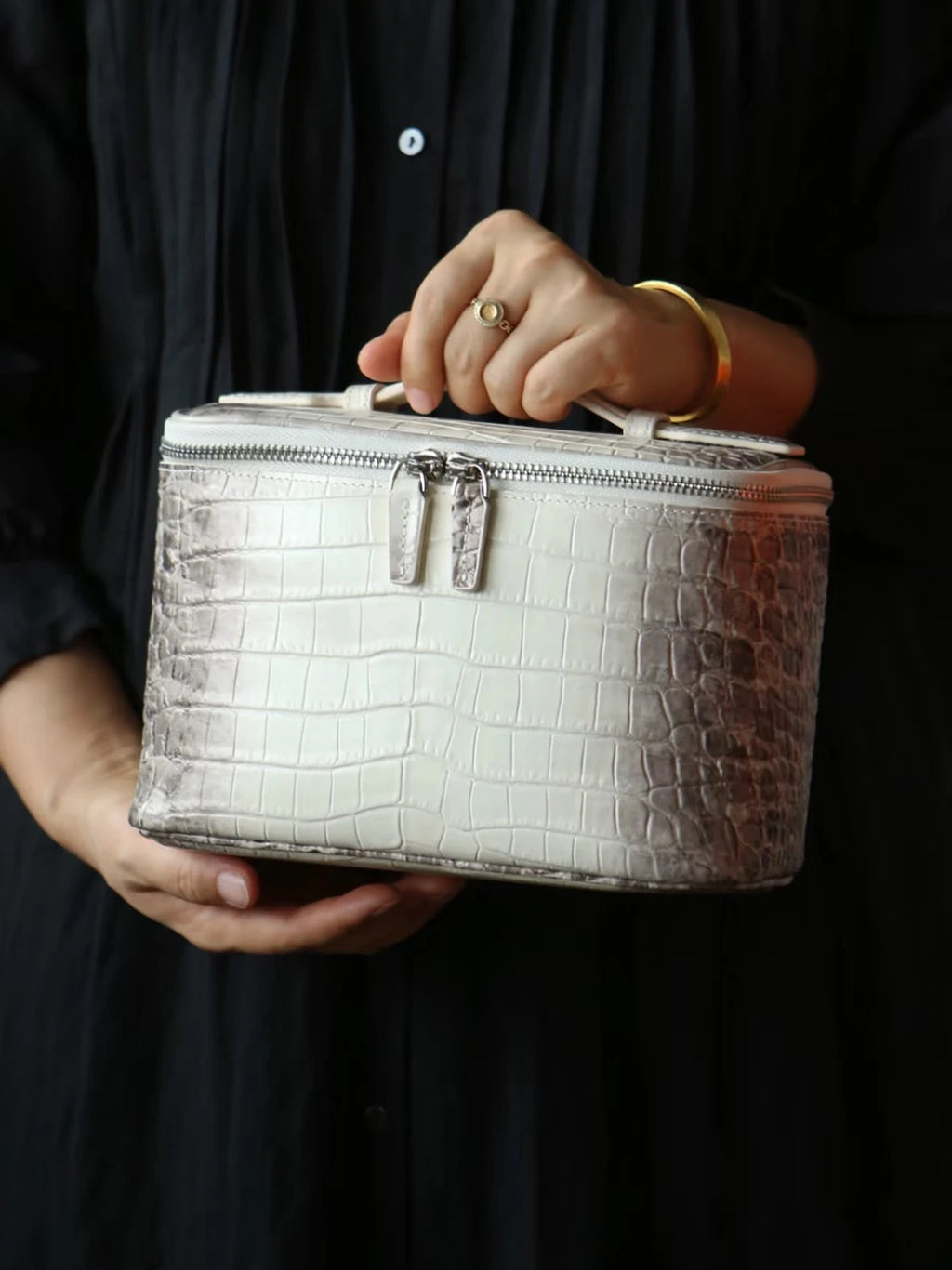 Neceser de maquillaje de piel de vaca de primera capa con estampado de cocodrilo, gran capacidad, estuche de viaje para artículos de aseo femenino, organizador clásico, bolsa de cosméticos