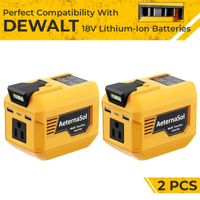 Inversor Portátil AeternaSol 250W para Batería DeWalt 20V MAX – 110V CA, USB QC3.0 y PD 20W