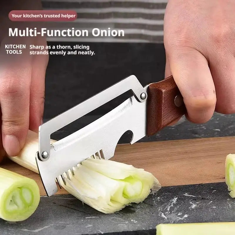 Cuchillo pelador dentado 2 en 1, pelador de verduras premium con mango de madera y abridor de botellas. Herramienta de cocina.