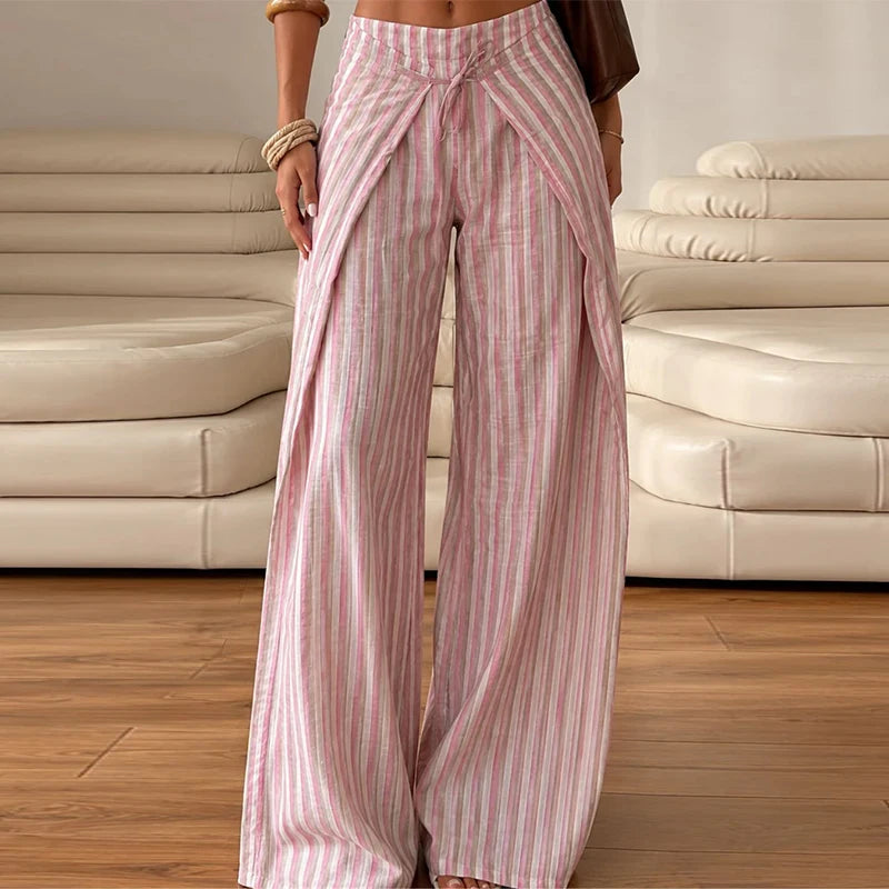 Pantalones de mujer con rayas en las piernas, pantalones ajustables con cintura cruzada, pantalones holgados de verano hasta el suelo estilo boho palazzo, conjunto para mujer