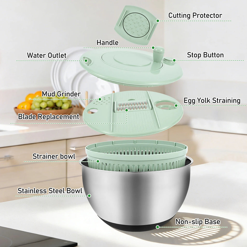 1 centrifugadora de ensalada de acero inoxidable/plástico, lavadora de lechuga grande con cuchilla, secadora de verduras multifuncional para cocina.