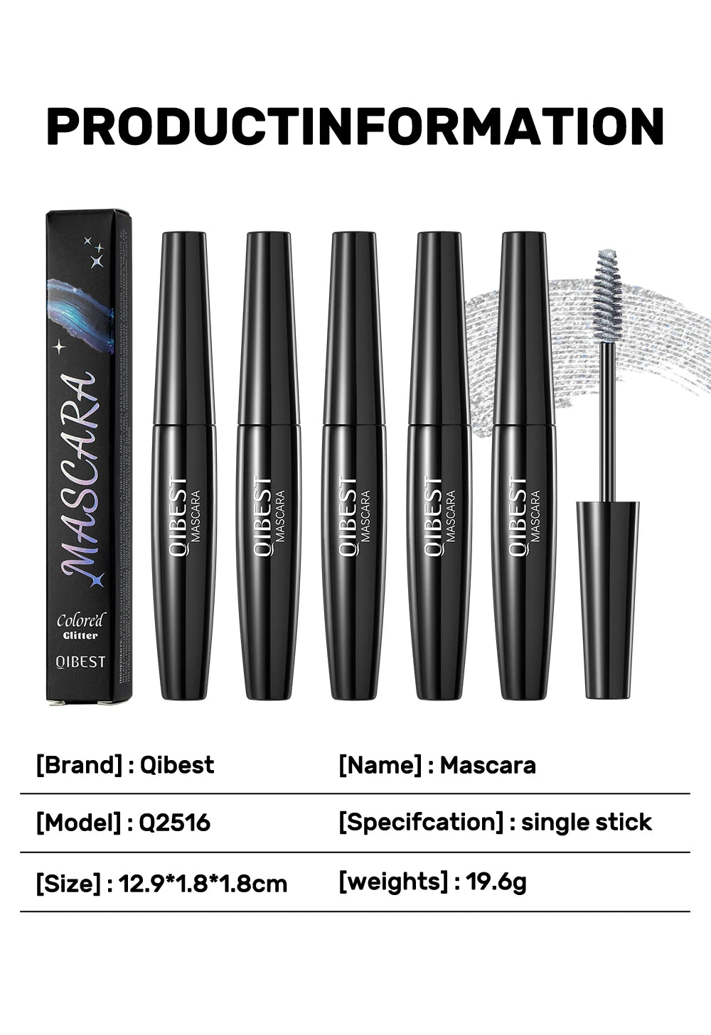Máscara de pestañas Glitter Diamond, resistente al agua, a prueba de manchas, voluminizadora, alargadora, con efecto copo de nieve brillante, sin grumos, de larga duración, ideal para fiestas.
