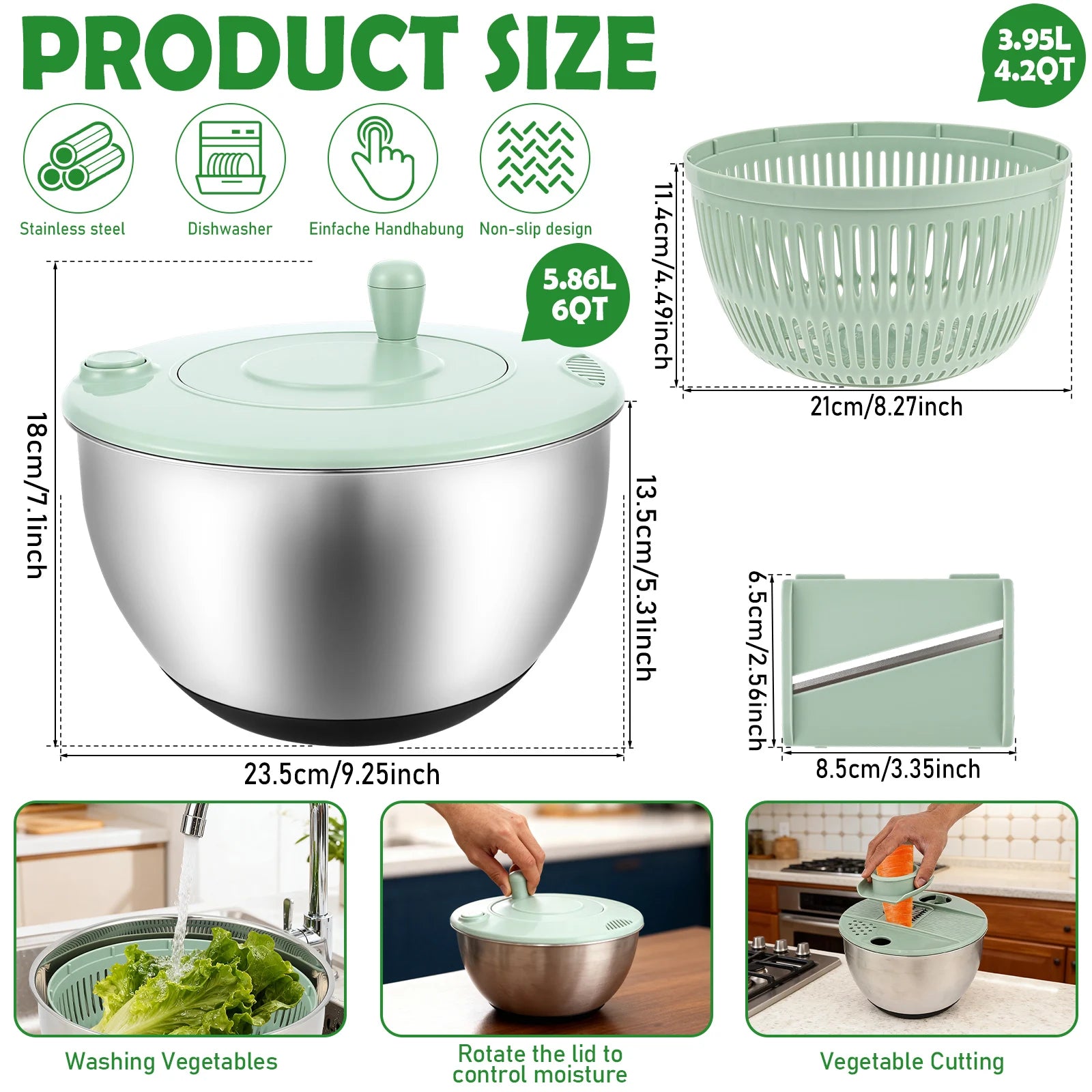 1 centrifugadora de ensalada de acero inoxidable/plástico, lavadora de lechuga grande con cuchilla, secadora de verduras multifuncional para cocina.