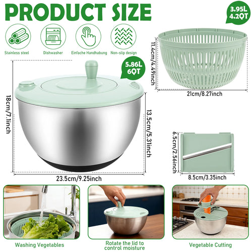 1 centrifugadora de ensalada de acero inoxidable/plástico, lavadora de lechuga grande con cuchilla, secadora de verduras multifuncional para cocina.