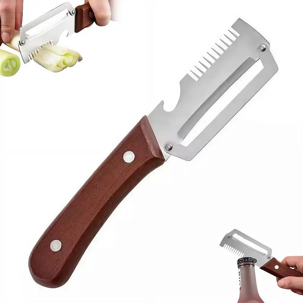 Cuchillo pelador dentado 2 en 1, pelador de verduras premium con mango de madera y abridor de botellas. Herramienta de cocina.