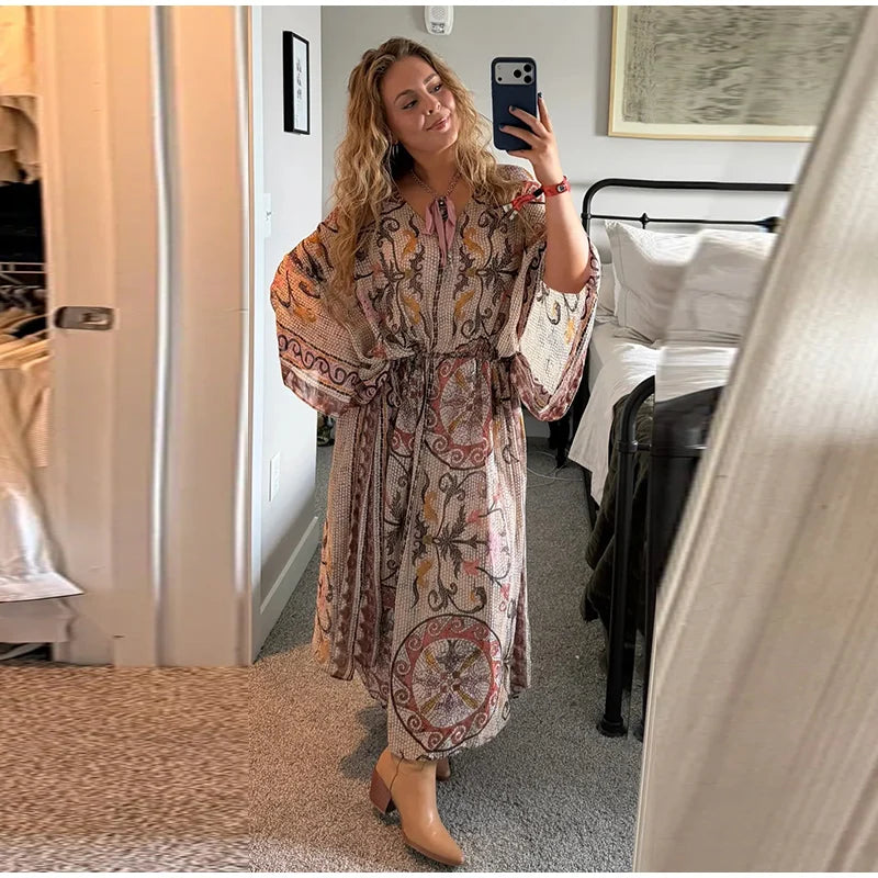 Vestido Maxi Estampado Vña con Manga Batwing – Playa y Vacaciones