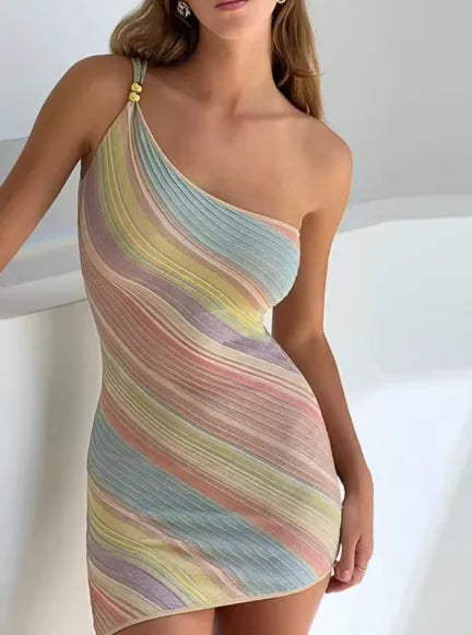 Vestido largo de punto con bloques de color para mujer, elegante, con hombros descubiertos, corsé y abertura alta, vestidos 2026, ropa de playa para uso diario, nuevo.