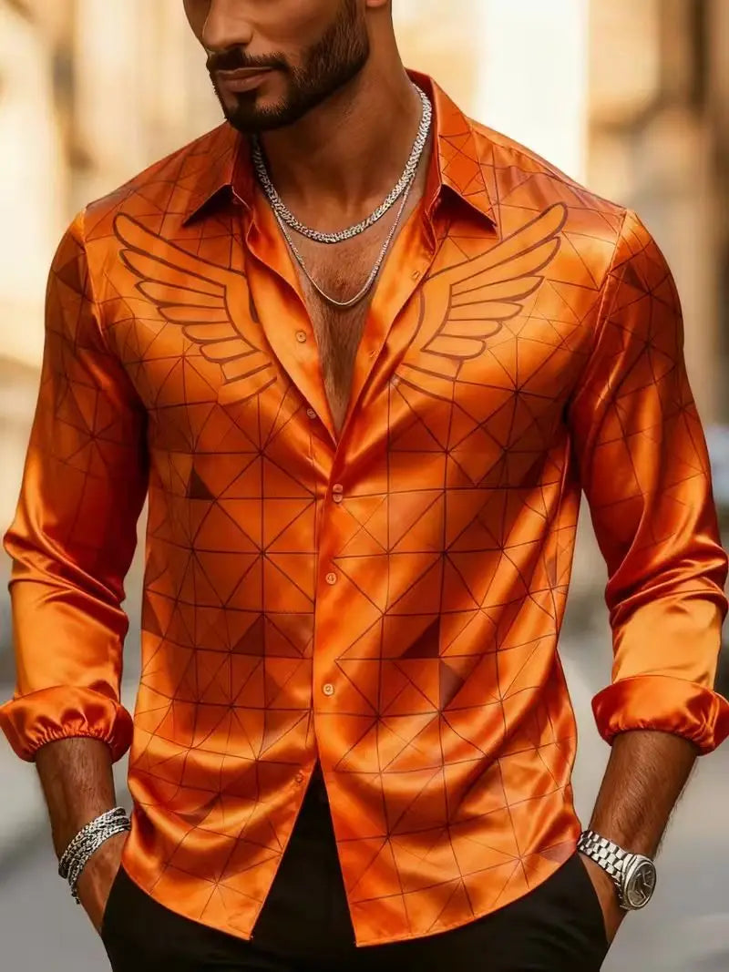 Camisa de manga larga para hombre con cuello y detalles de satén, estampado geométrico de alas de diamante en la parte inferior, color naranja.