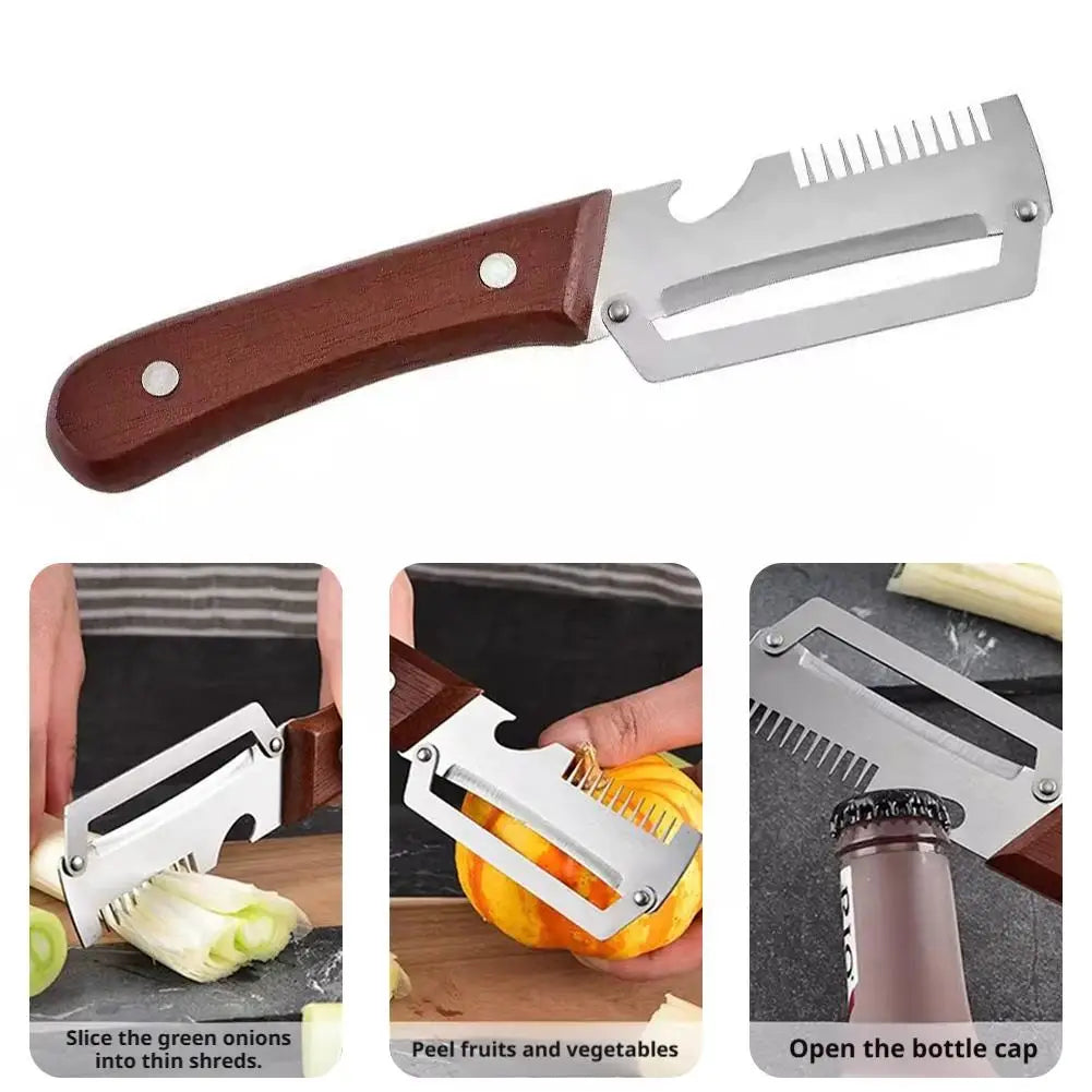 Cuchillo pelador dentado 2 en 1, pelador de verduras premium con mango de madera y abridor de botellas. Herramienta de cocina.