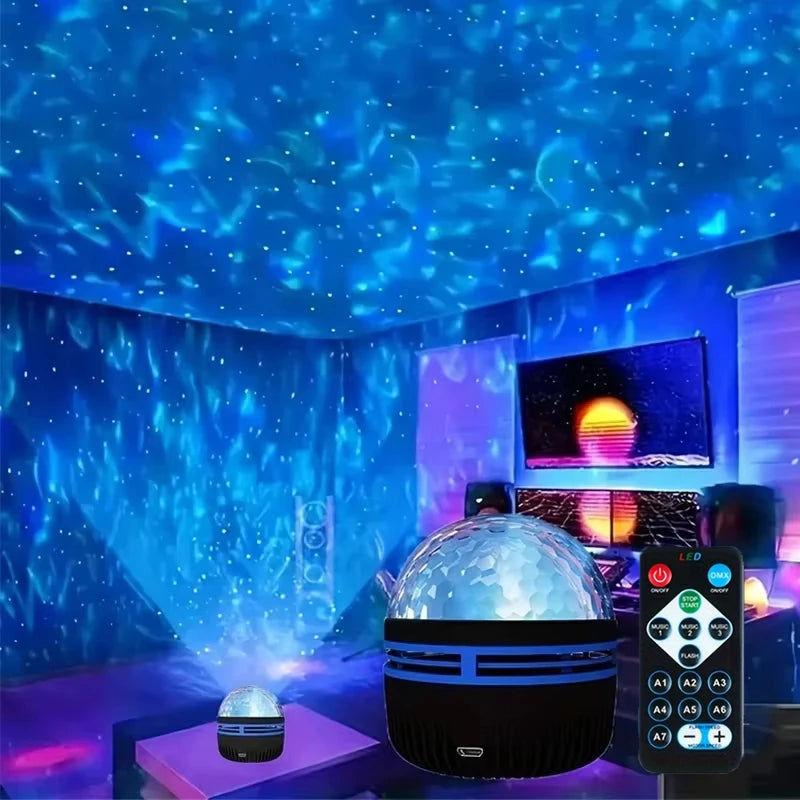 LED Starry Sky Galaxy Projector Ambient Light Aurora/Water Wave Night Light  Auto Rotate Remote 7 Color RGB USB Room Decor LightProyector LED de cielo estrellado y galaxia, luz ambiental, luz nocturna de aurora/olas de agua, rotación automática, control.