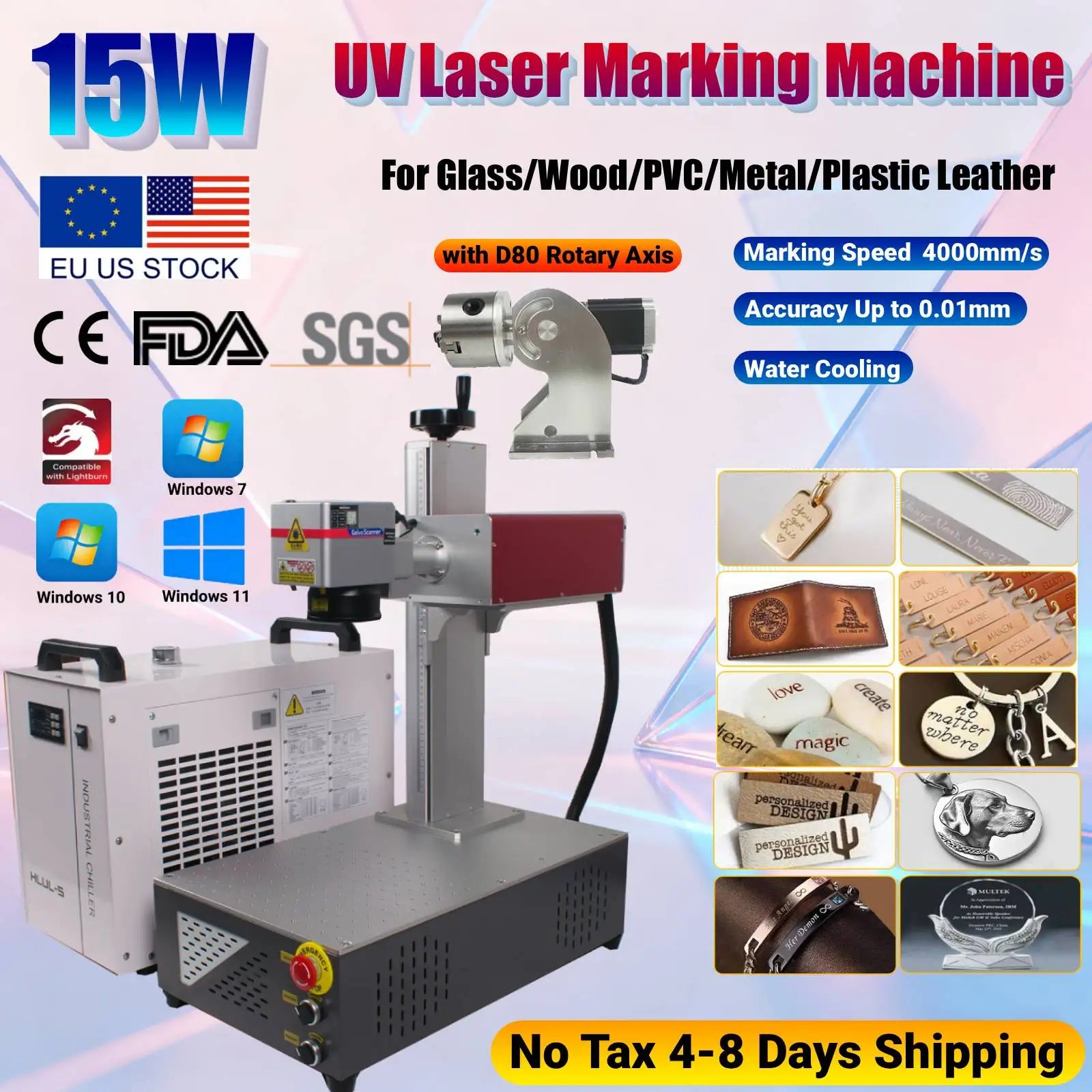 Máquina de marcado y grabado láser UV de 15 W CRS de 355 nm con refrigeración por agua para vidrio, madera, PVC, metal, plástico y cuero.
