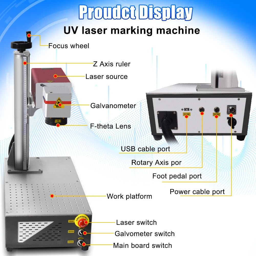 Máquina de marcado y grabado láser UV de 15 W CRS de 355 nm con refrigeración por agua para vidrio, madera, PVC, metal, plástico y cuero.