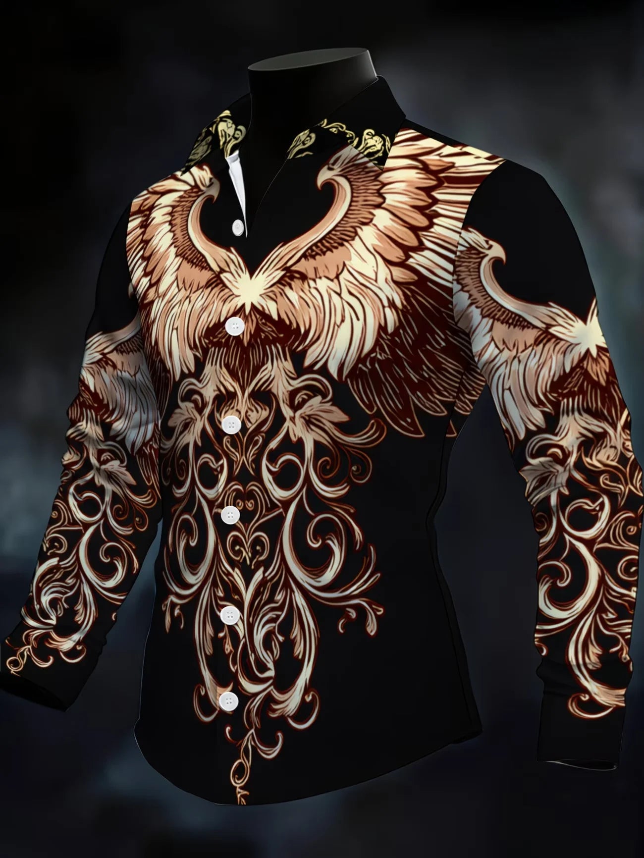 Camisa de manga larga para hombre con cuello y detalles de satén, estampado geométrico de alas de diamante en la parte inferior, color naranja.