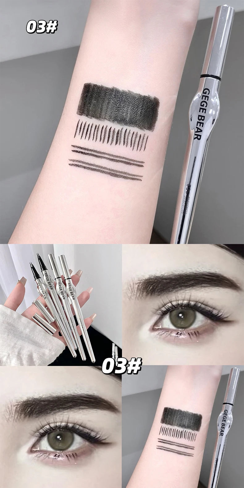 Lápiz de cejas de dos puntas para mujer Gege Bear. Trazos naturales de larga duración. Resistente al agua, al sudor y a las manchas. Maquillaje de ojos de larga duración.