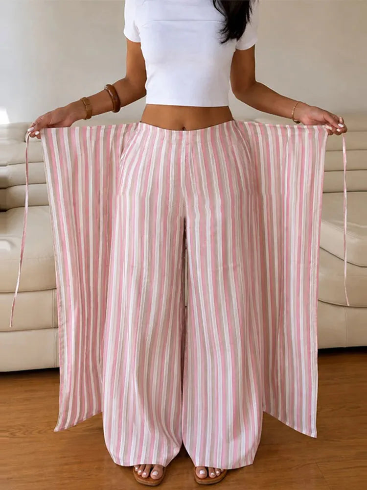 Pantalones de mujer con rayas en las piernas, pantalones ajustables con cintura cruzada, pantalones holgados de verano hasta el suelo estilo boho palazzo, conjunto para mujer