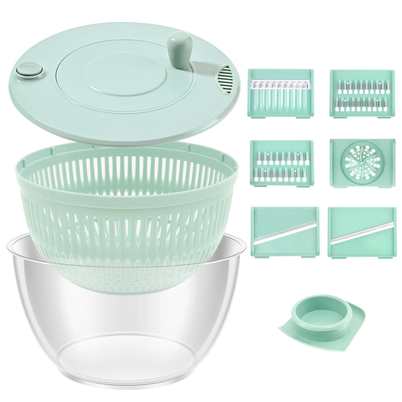 1 centrifugadora de ensalada de acero inoxidable/plástico, lavadora de lechuga grande con cuchilla, secadora de verduras multifuncional para cocina.