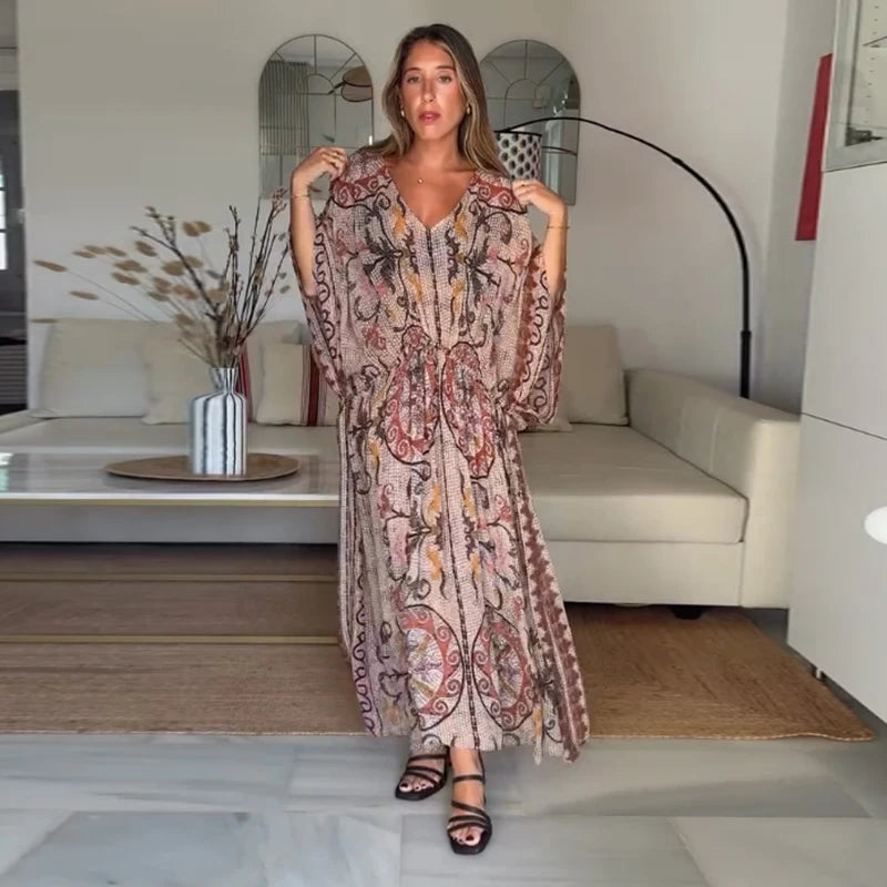 Vestido Maxi Estampado Vña con Manga Batwing – Playa y Vacaciones