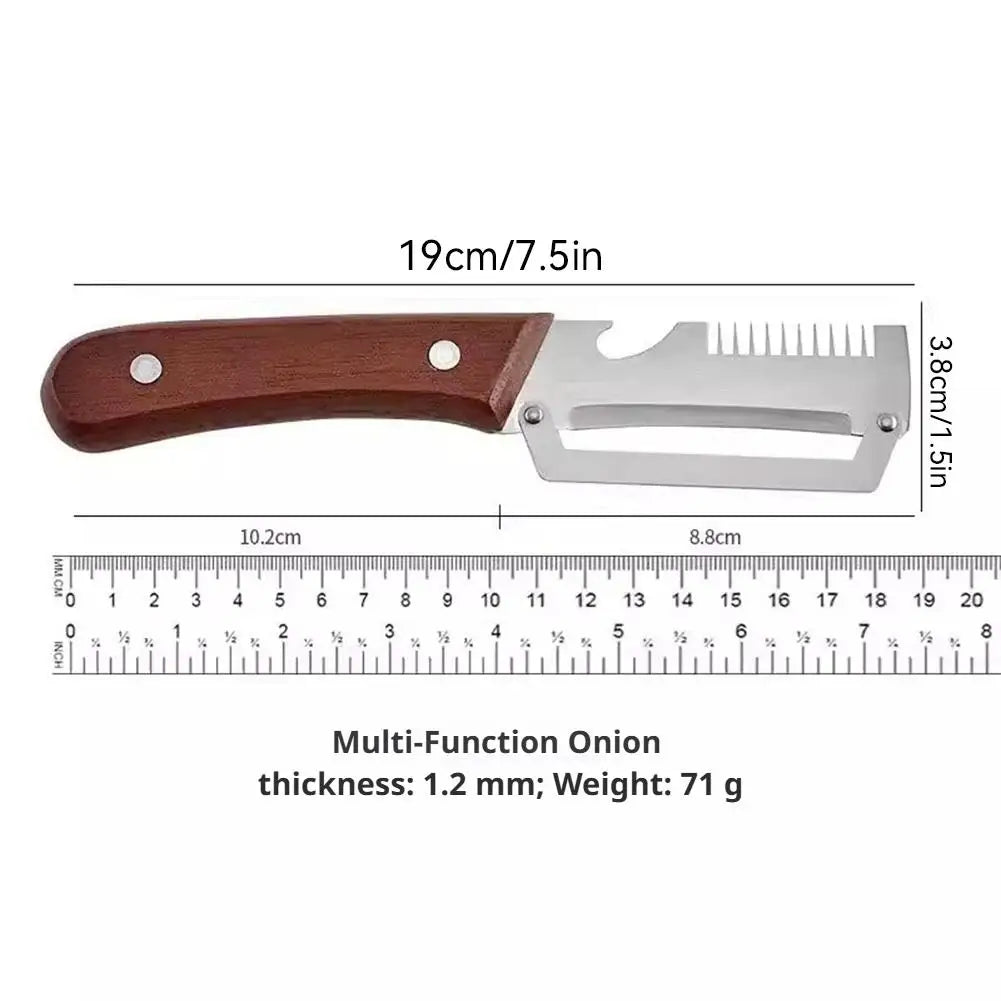 Cuchillo pelador dentado 2 en 1, pelador de verduras premium con mango de madera y abridor de botellas. Herramienta de cocina.
