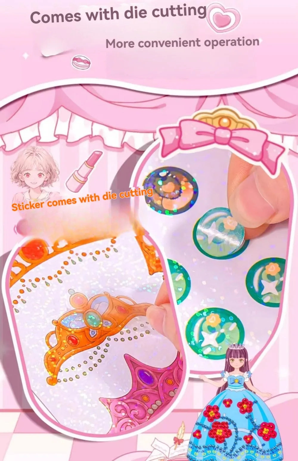 Kit Princesa 3 en 1 para Niñas – Maquillaje, Stickers y Diamantes DIY