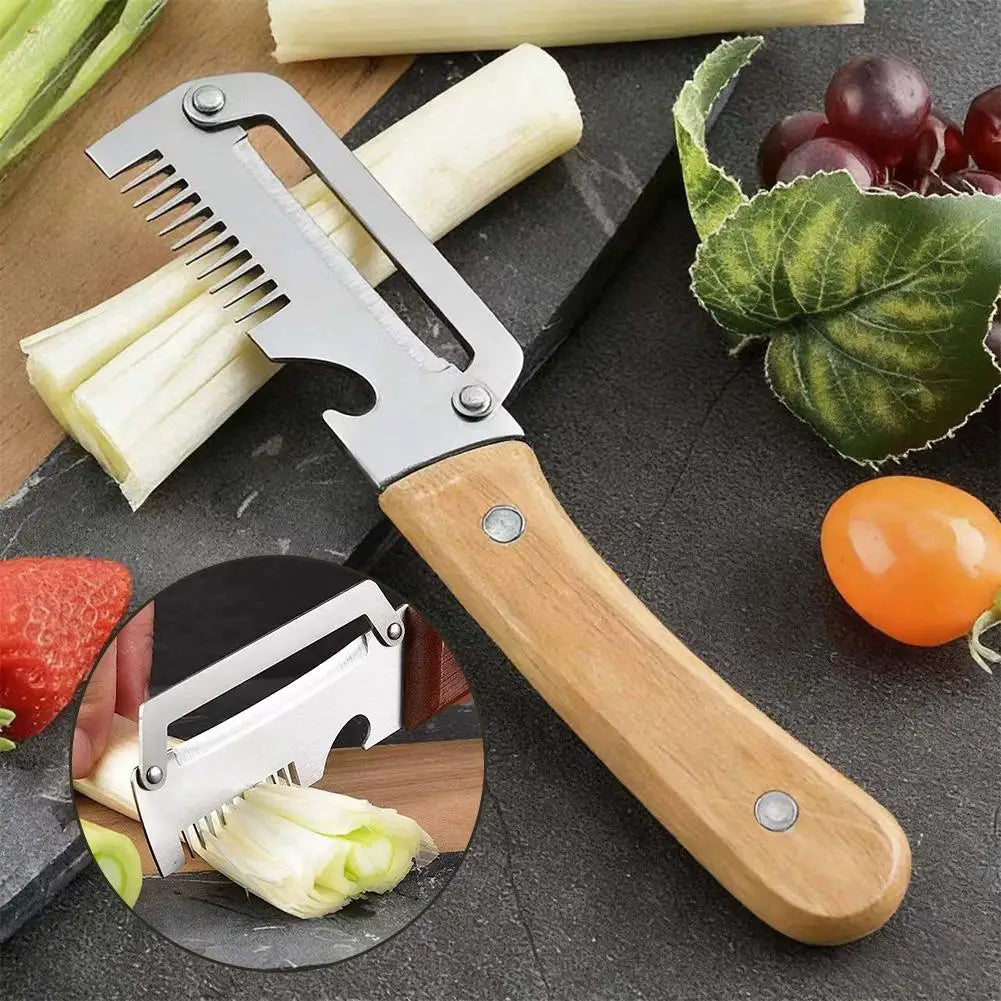 Cuchillo pelador dentado 2 en 1, pelador de verduras premium con mango de madera y abridor de botellas. Herramienta de cocina.