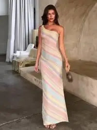 Vestido largo de punto con bloques de color para mujer, elegante, con hombros descubiertos, corsé y abertura alta, vestidos 2026, ropa de playa para uso diario, nuevo.