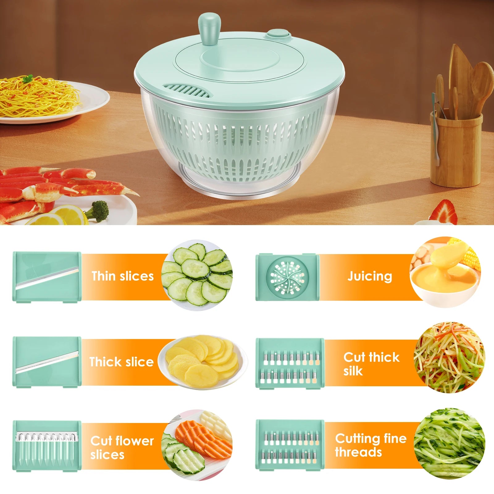 1 centrifugadora de ensalada de acero inoxidable/plástico, lavadora de lechuga grande con cuchilla, secadora de verduras multifuncional para cocina.