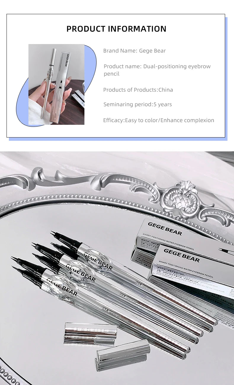 Lápiz de cejas de dos puntas para mujer Gege Bear. Trazos naturales de larga duración. Resistente al agua, al sudor y a las manchas. Maquillaje de ojos de larga duración.