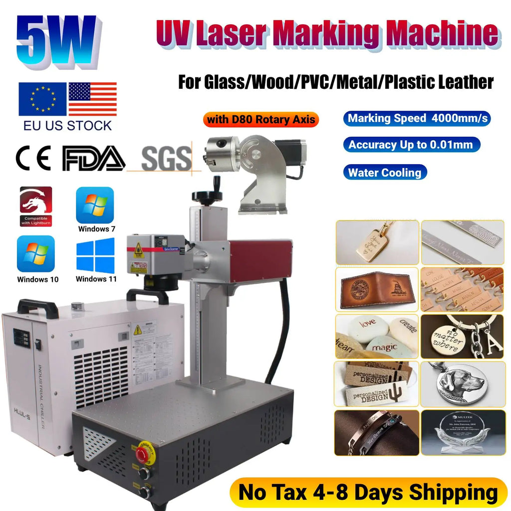 Máquina de marcado y grabado láser UV de 15 W CRS de 355 nm con refrigeración por agua para vidrio, madera, PVC, metal, plástico y cuero.