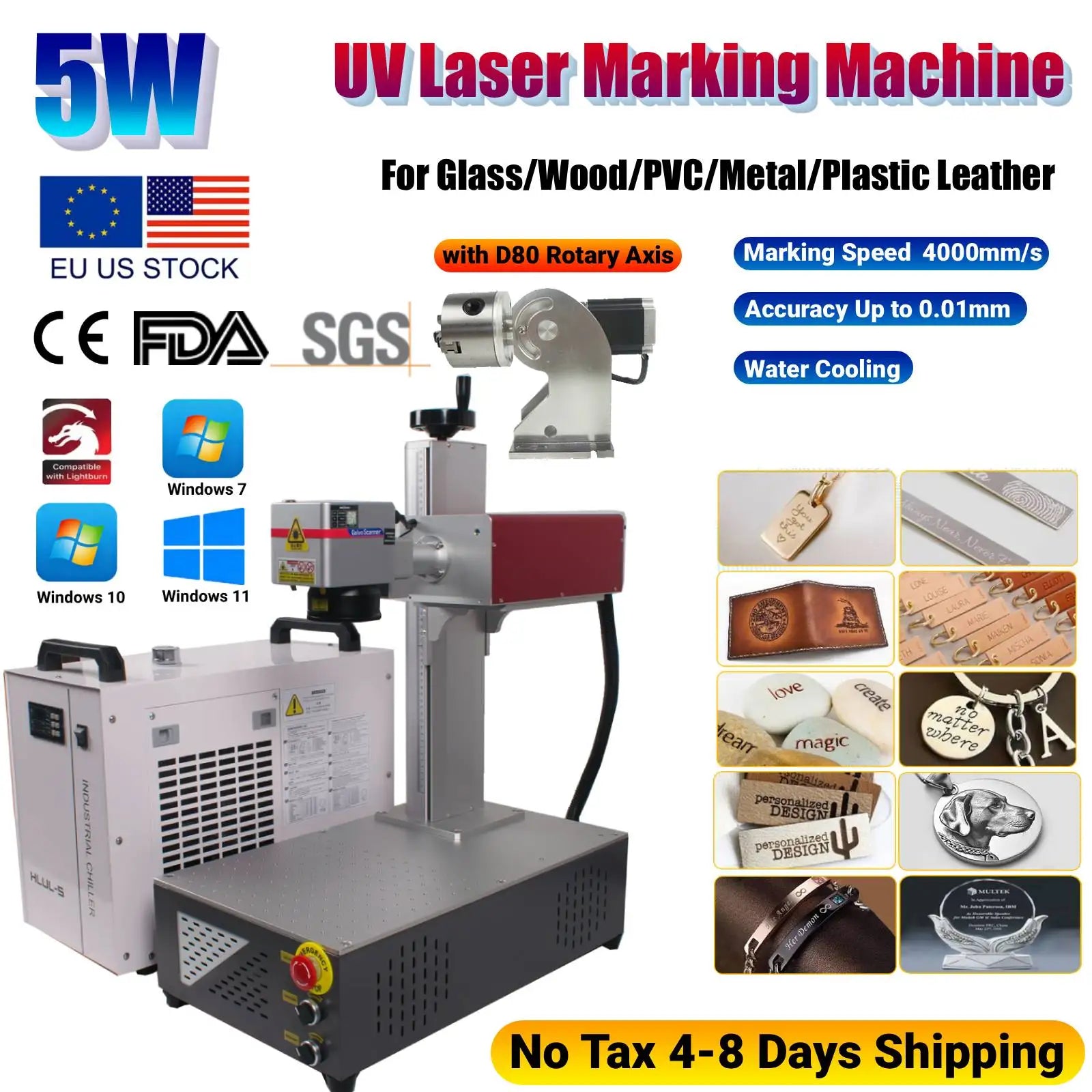 Máquina de marcado y grabado láser UV de 15 W CRS de 355 nm con refrigeración por agua para vidrio, madera, PVC, metal, plástico y cuero.