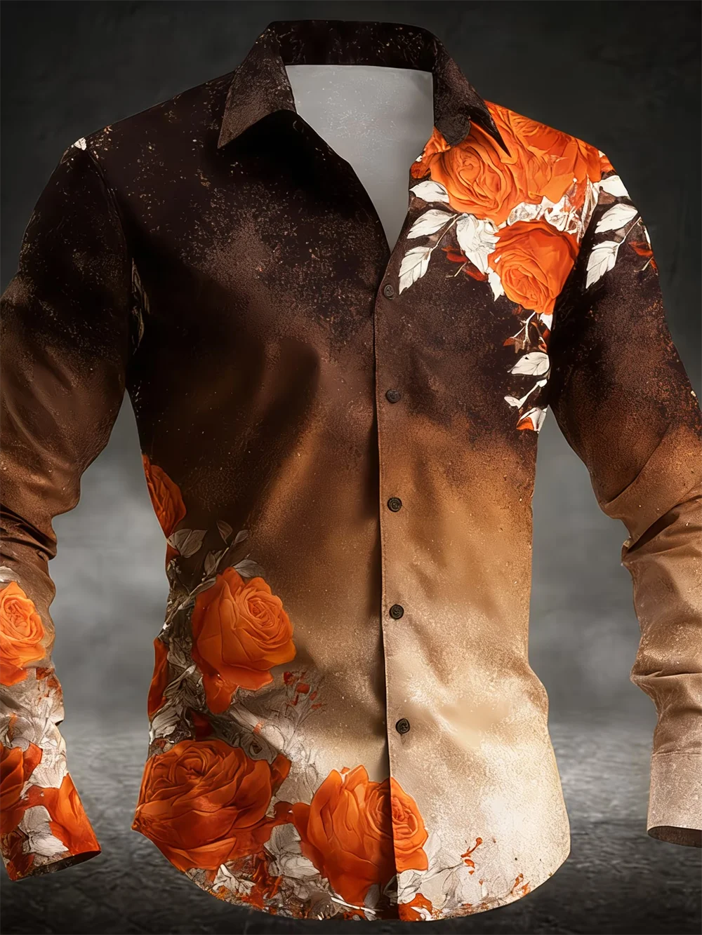 Camisa de manga larga para hombre con cuello y detalles de satén, estampado geométrico de alas de diamante en la parte inferior, color naranja.