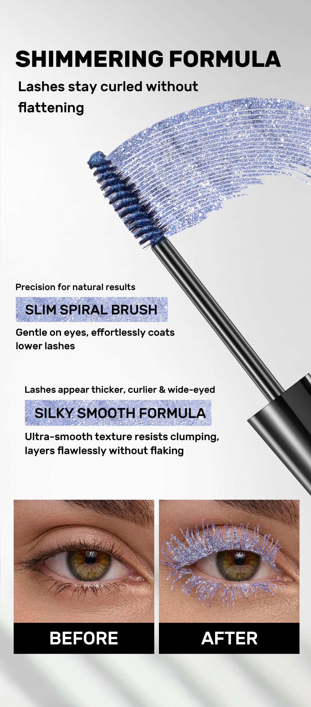 Máscara de pestañas Glitter Diamond, resistente al agua, a prueba de manchas, voluminizadora, alargadora, con efecto copo de nieve brillante, sin grumos, de larga duración, ideal para fiestas.