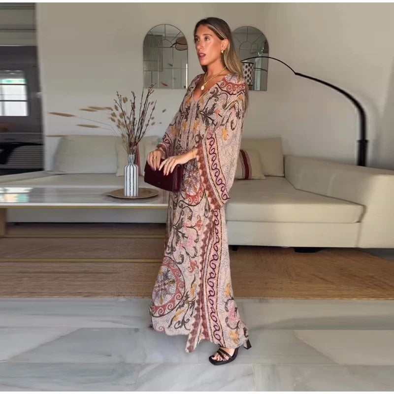 Vestido Maxi Estampado Vña con Manga Batwing – Playa y Vacaciones