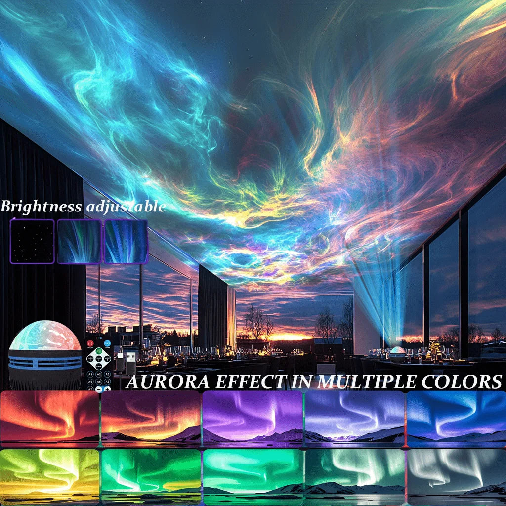LED Starry Sky Galaxy Projector Ambient Light Aurora/Water Wave Night Light  Auto Rotate Remote 7 Color RGB USB Room Decor LightProyector LED de cielo estrellado y galaxia, luz ambiental, luz nocturna de aurora/olas de agua, rotación automática, control.