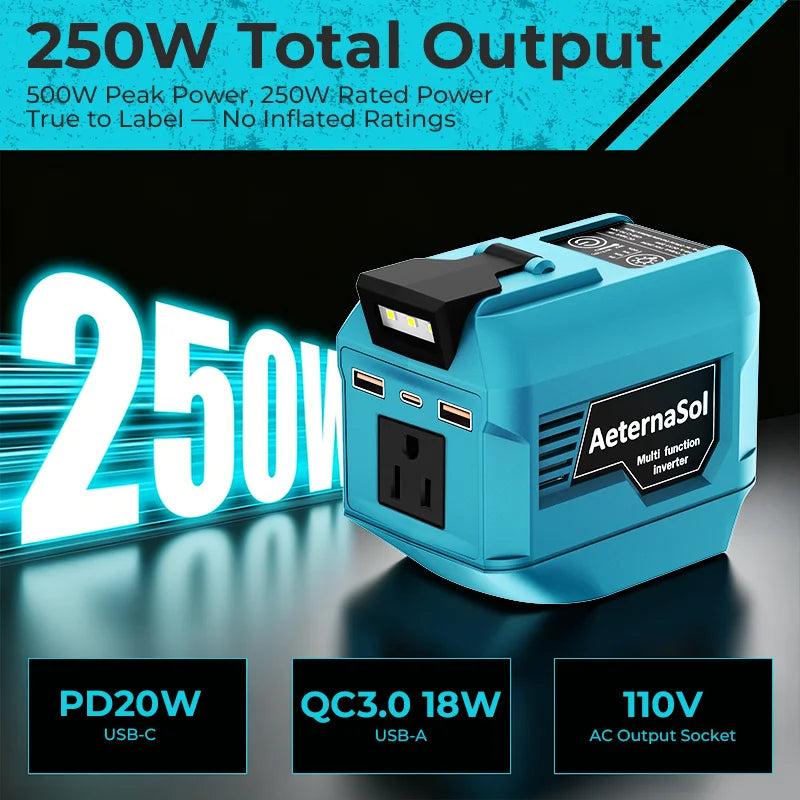 (Stock en EE. UU., 2-5 días) Inversor de potencia AeternaSol de 250 W para baterías Makita 18 V LXT BL1830 BL1850 BL1860 Estación de energía portátil 110 V CA 500 W de pico QC3.0 USB 20 W PD 20 W Tipo