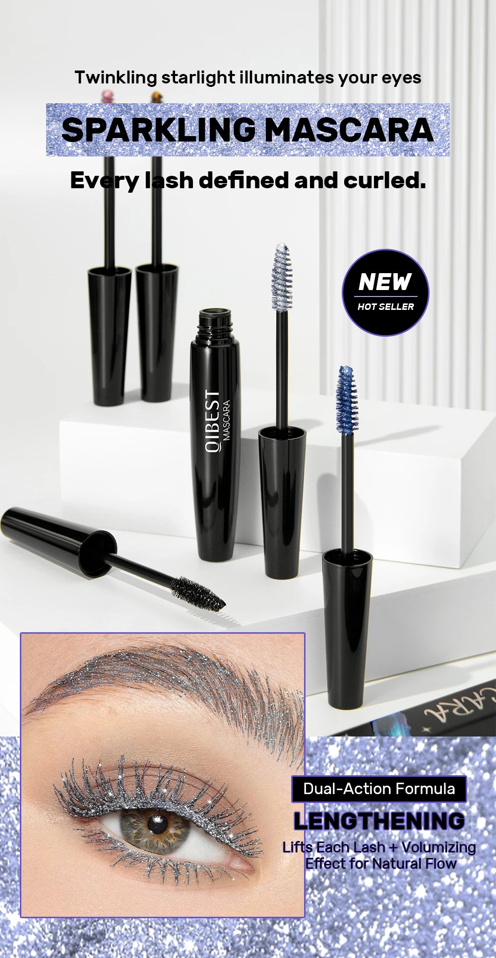 Máscara de pestañas Glitter Diamond, resistente al agua, a prueba de manchas, voluminizadora, alargadora, con efecto copo de nieve brillante, sin grumos, de larga duración, ideal para fiestas.