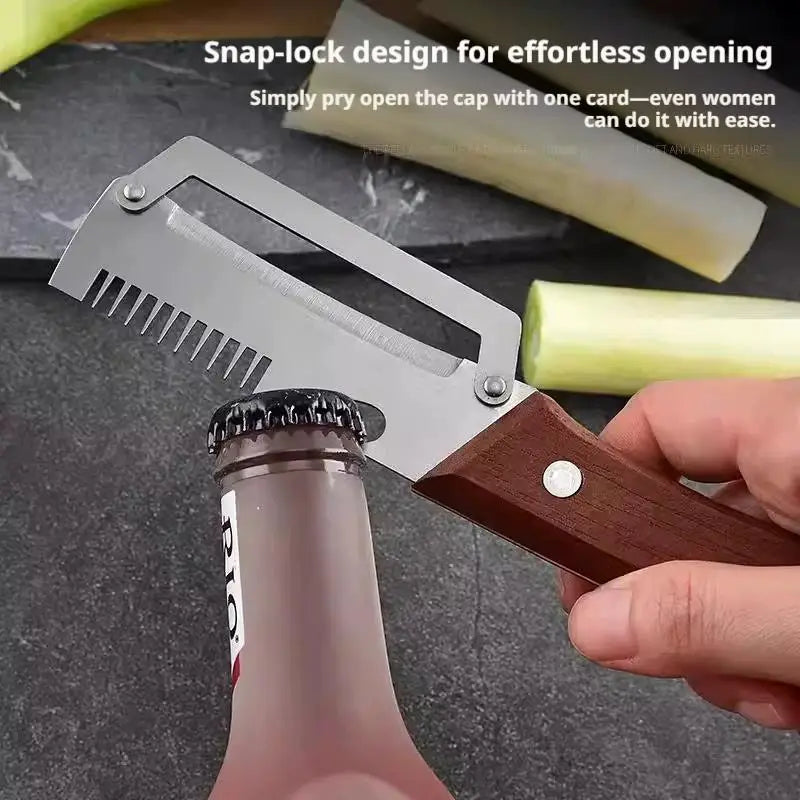 Cuchillo pelador dentado 2 en 1, pelador de verduras premium con mango de madera y abridor de botellas. Herramienta de cocina.