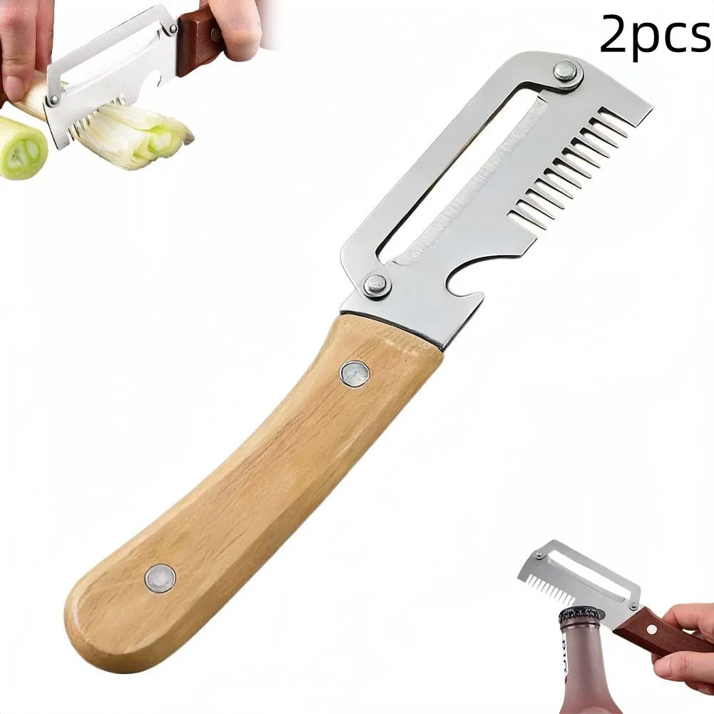 Cuchillo pelador dentado 2 en 1, pelador de verduras premium con mango de madera y abridor de botellas. Herramienta de cocina.