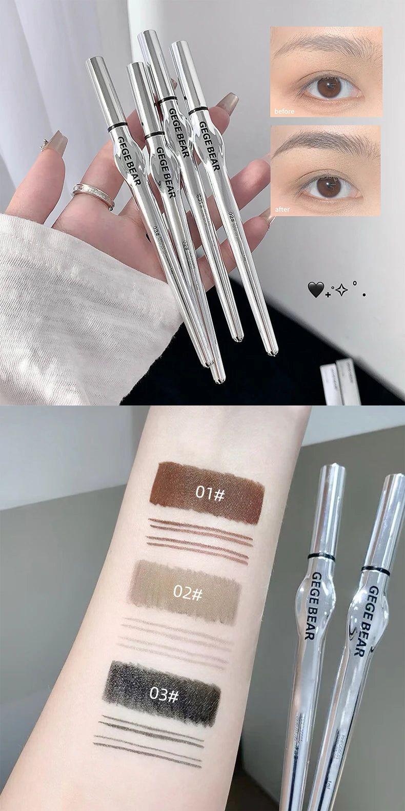 Lápiz de cejas de dos puntas para mujer Gege Bear. Trazos naturales de larga duración. Resistente al agua, al sudor y a las manchas. Maquillaje de ojos de larga duración.