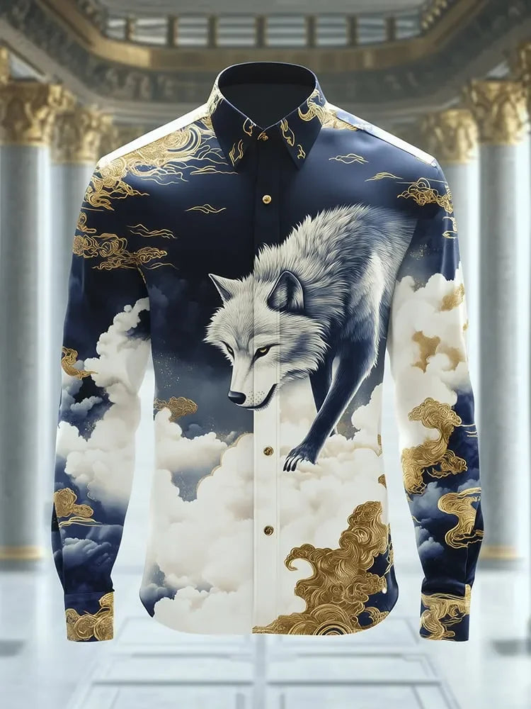 Camisa de manga larga para hombre con cuello y detalles de satén, estampado geométrico de alas de diamante en la parte inferior, color naranja.