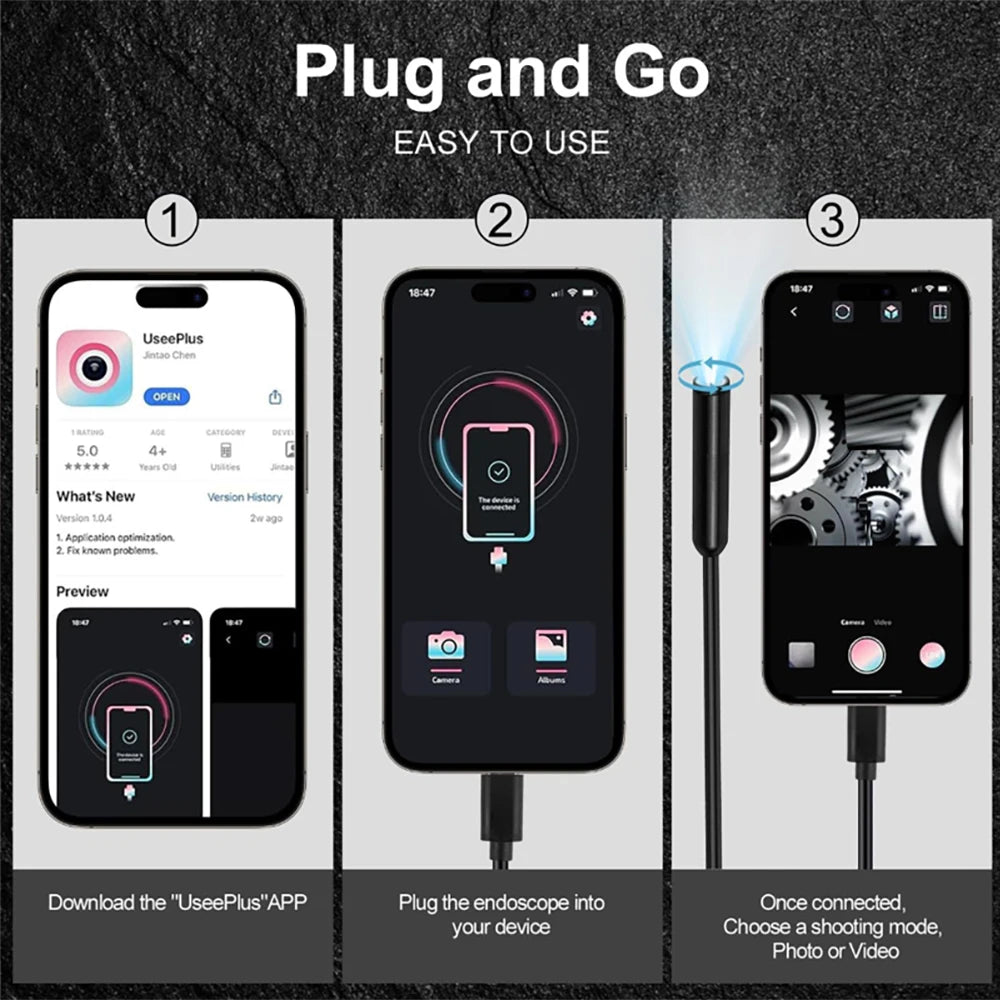 Cámara endoscópica con rotación de 360 grados, lente de 6 mm, HD, articulada, para inspección, IP67, para automóviles (iOS y Android).